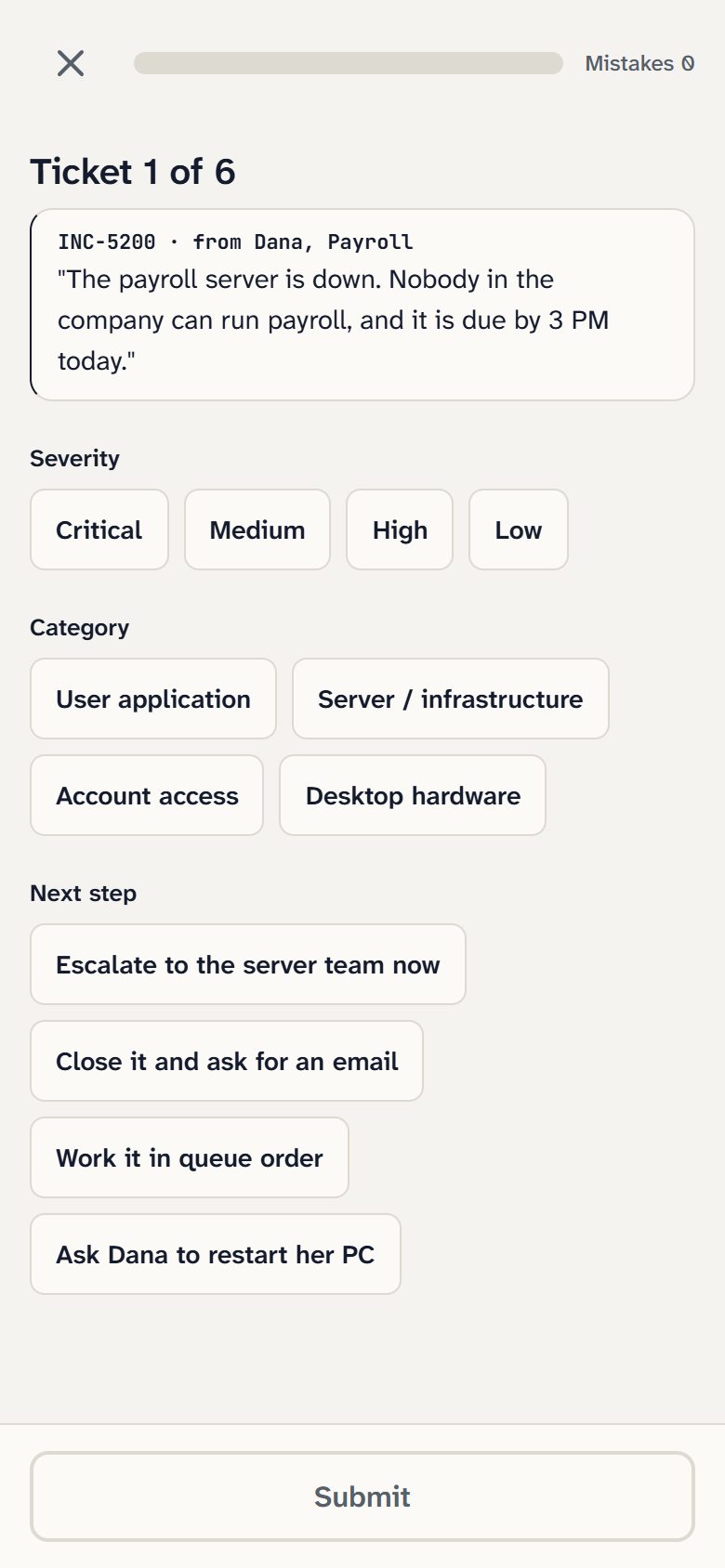 Service desk lab: set a ticket's severity, category, and next step